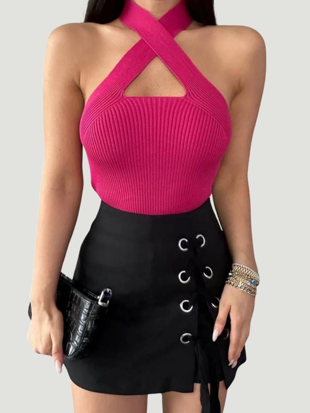 Hot Pink Cross-Neck Stretch Top