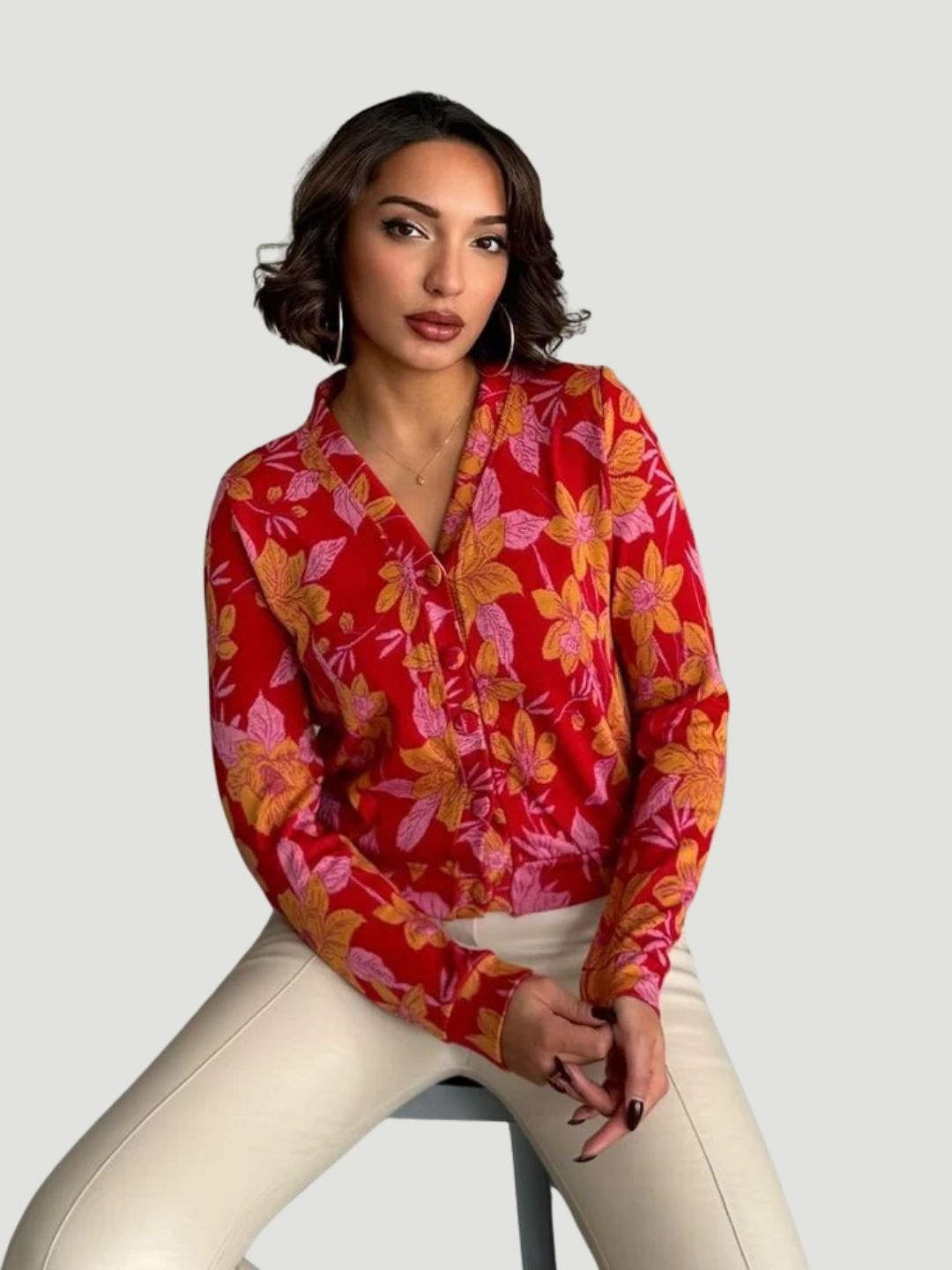 Bold Floral Button-Down Polyester Shirt
