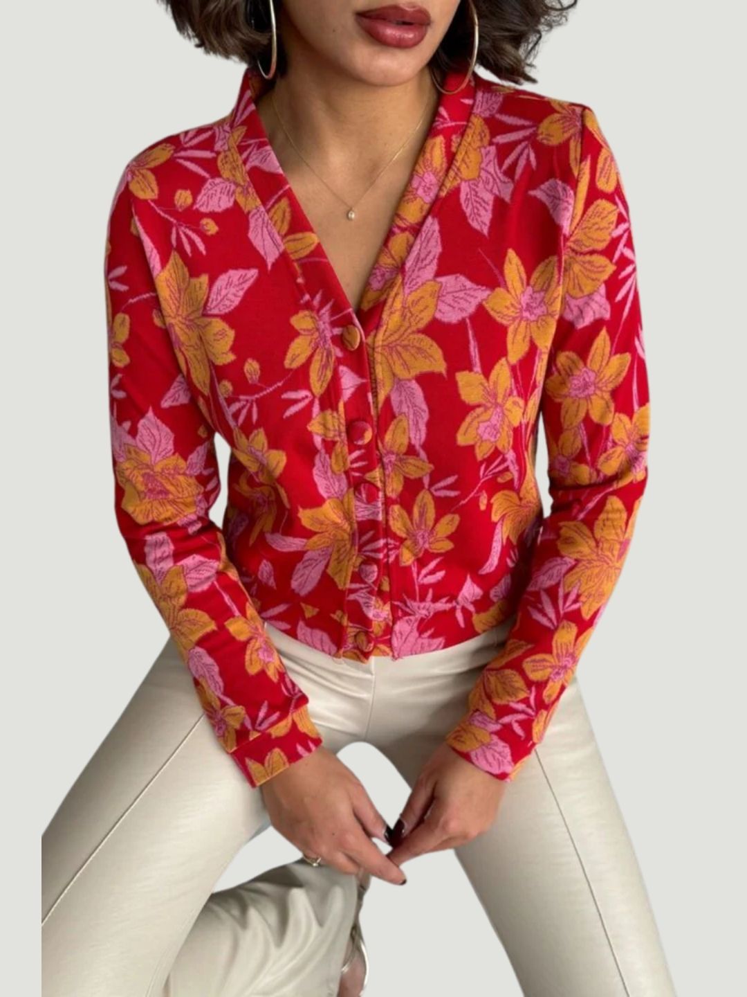 Bold Floral Button-Down Polyester Shirt