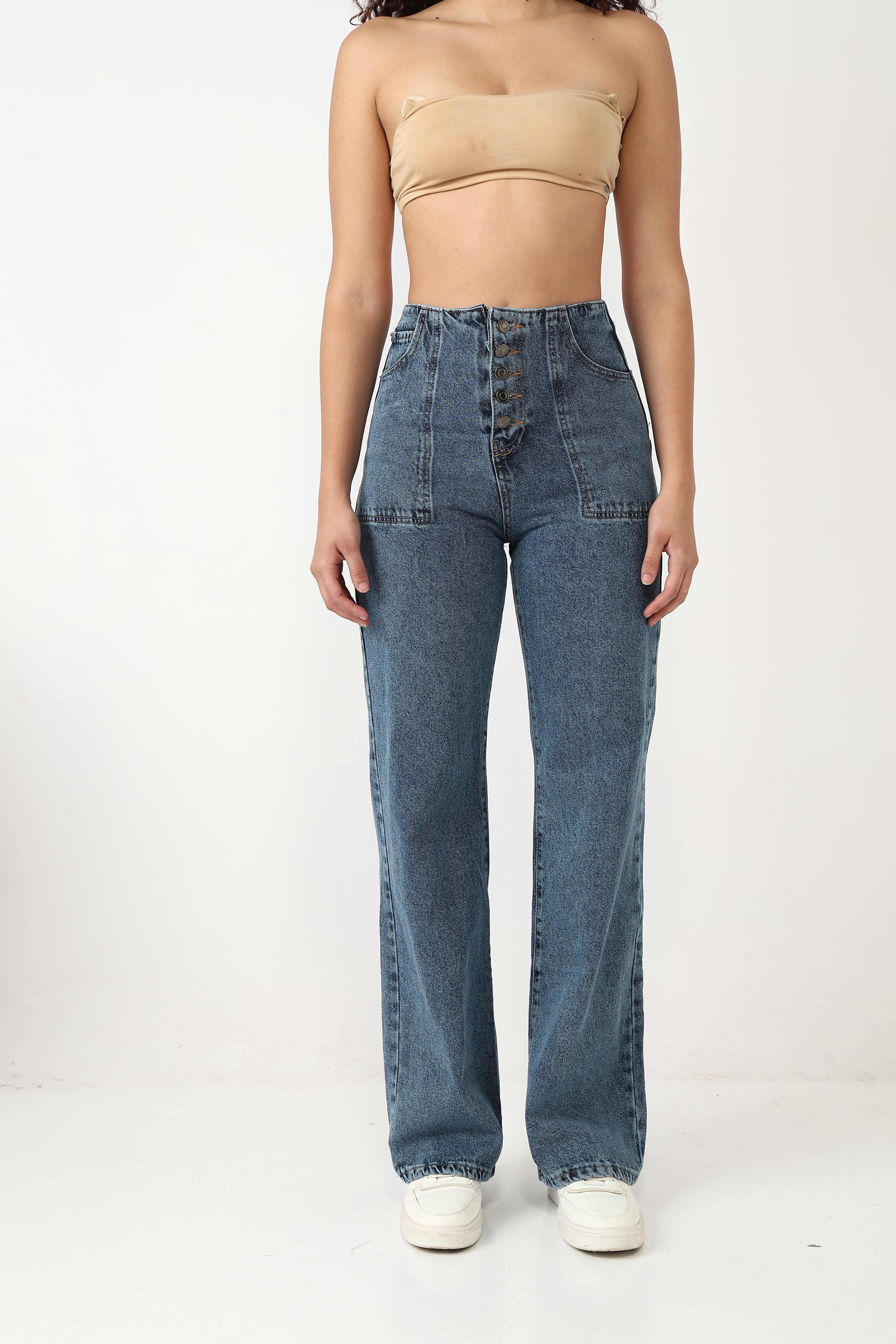 High-Waisted Wide-Leg Denim Jeans with Button Fly