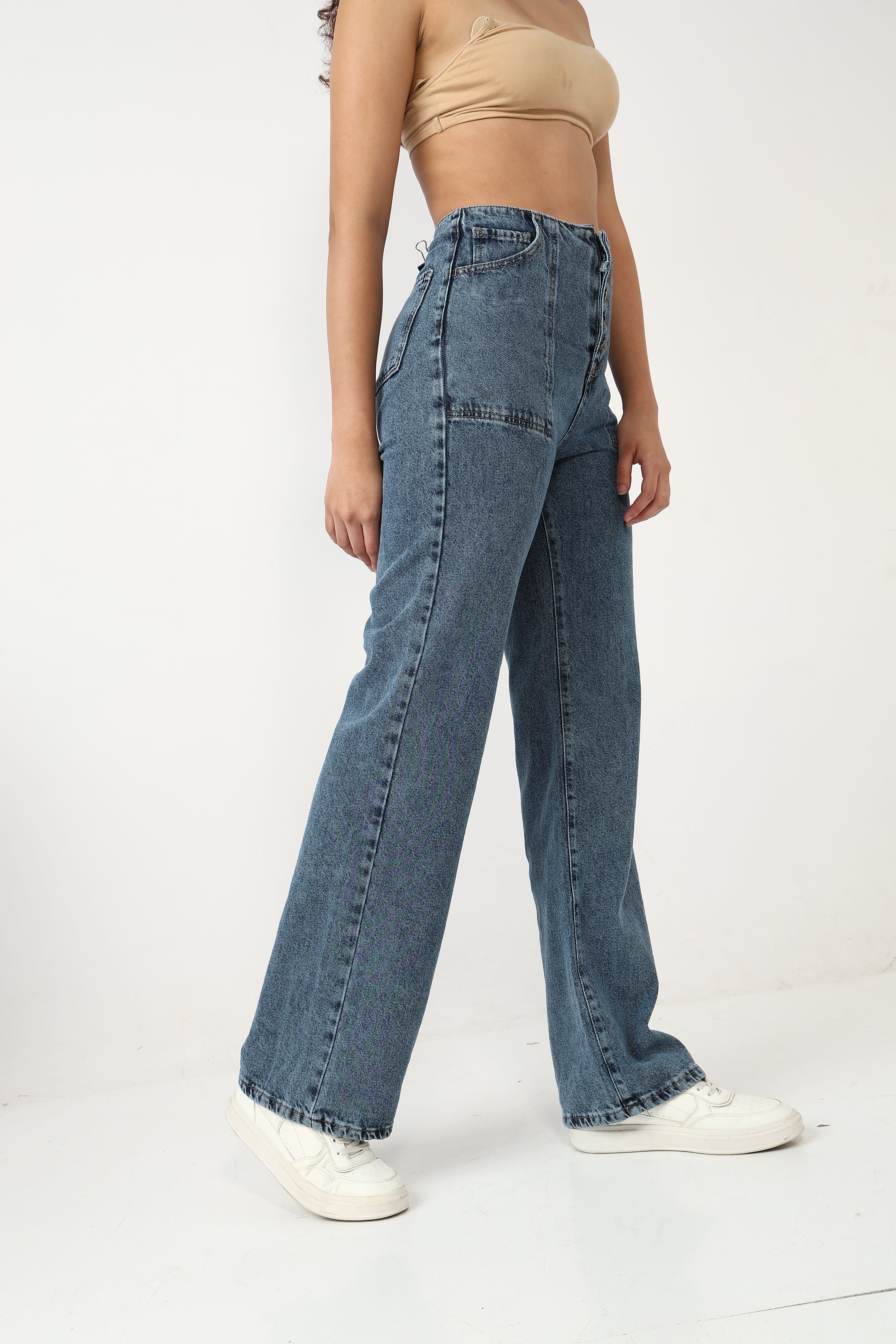 High-Waisted Wide-Leg Denim Jeans with Button Fly