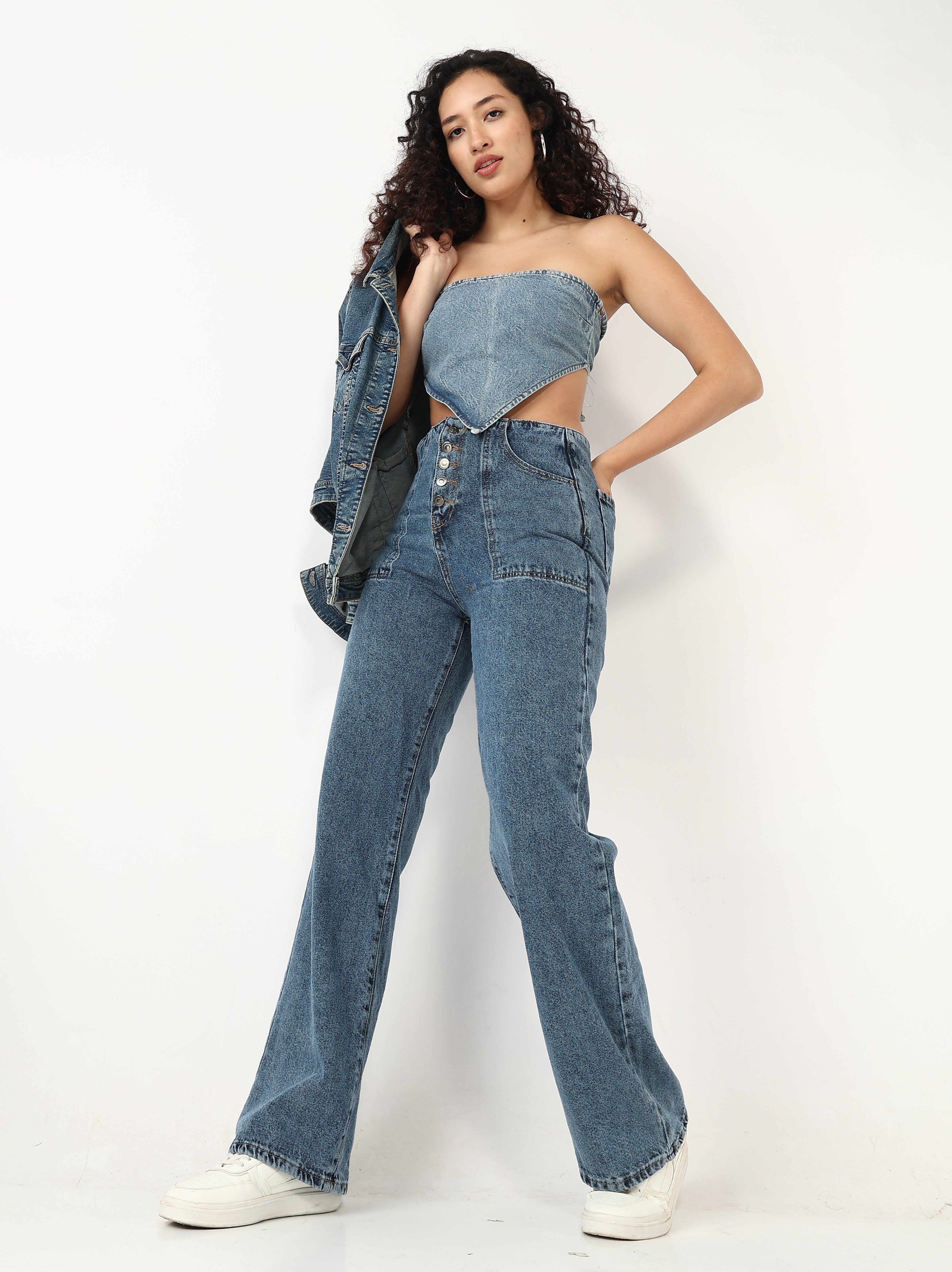 High-Waisted Wide-Leg Denim Jeans with Button Fly