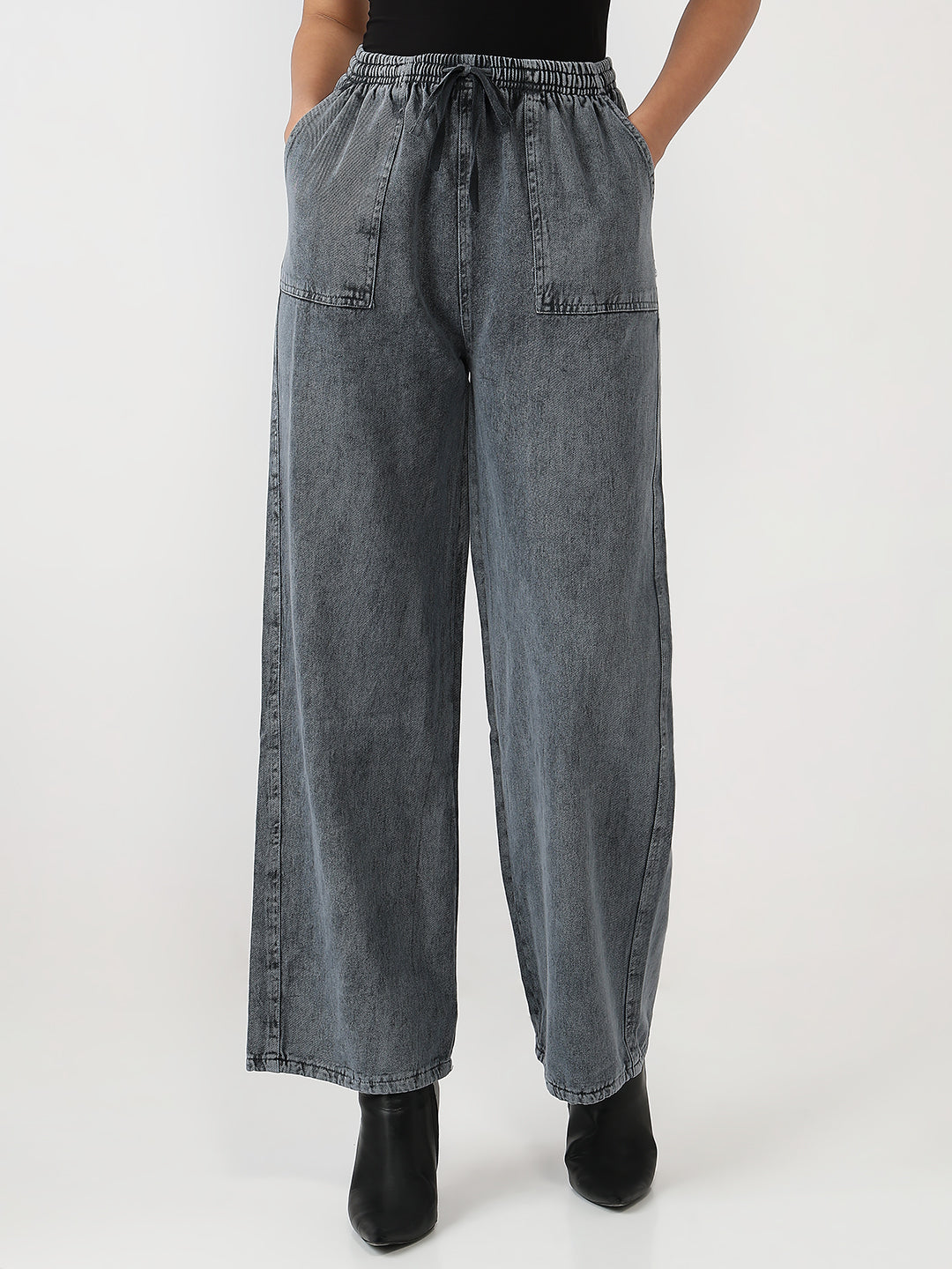 Washed Grey Cotton Jogger-Style Jeans