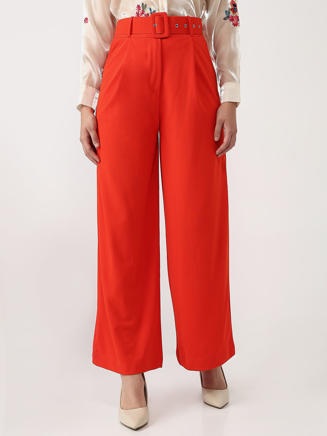 Red Wide-Leg High-Waisted Cotton Pants