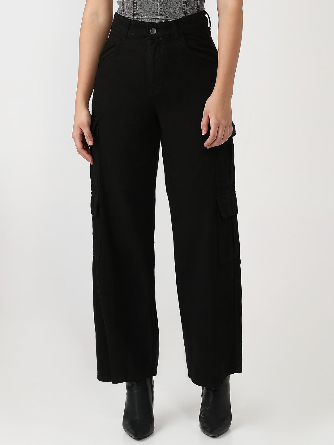 Black Multipocketed wide leg cargo
