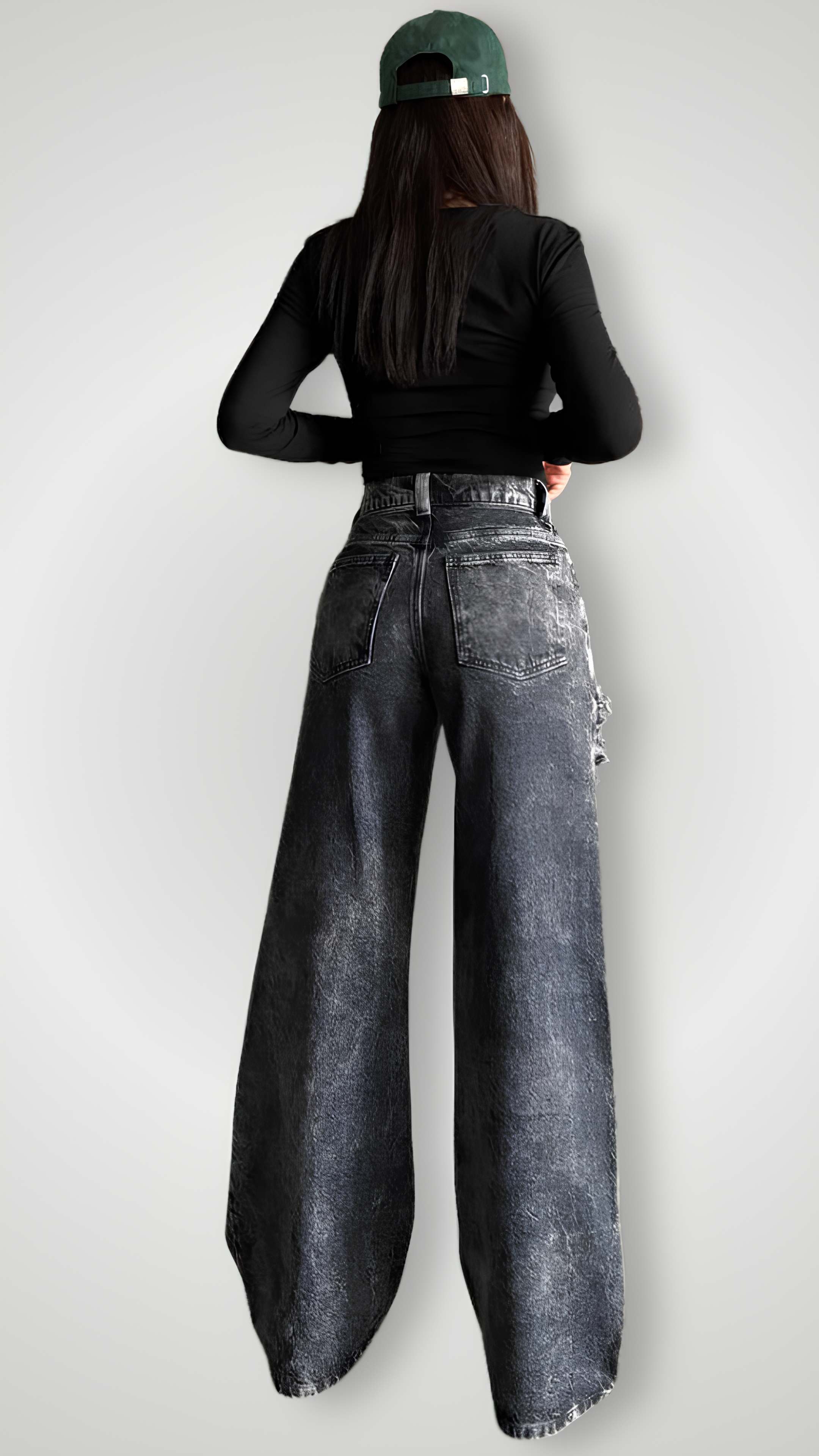 Distressed Wide-Leg High-Waist Cotton Black Jeans