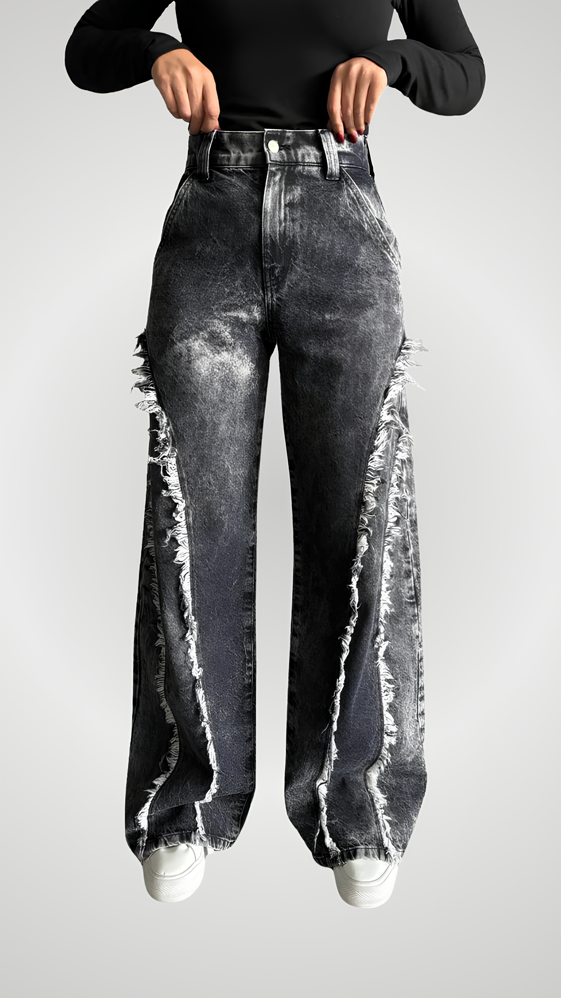 Distressed Wide-Leg High-Waist Cotton Black Jeans