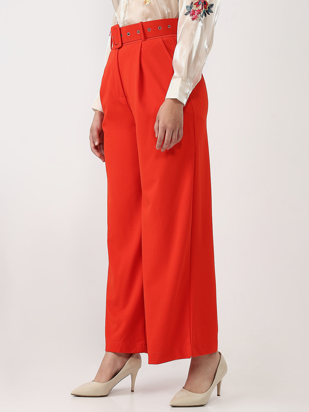 Red Wide-Leg High-Waisted Cotton Pants