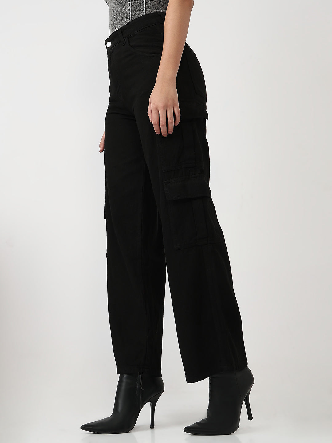 Black Multipocketed wide leg cargo