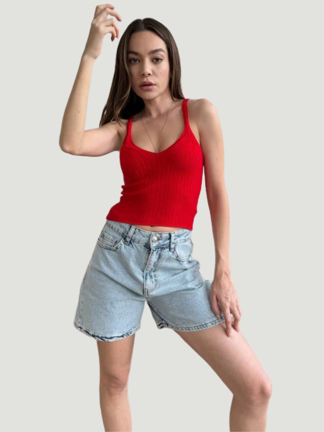 Red Ribbed Super-Stretch Polyester Crop Top