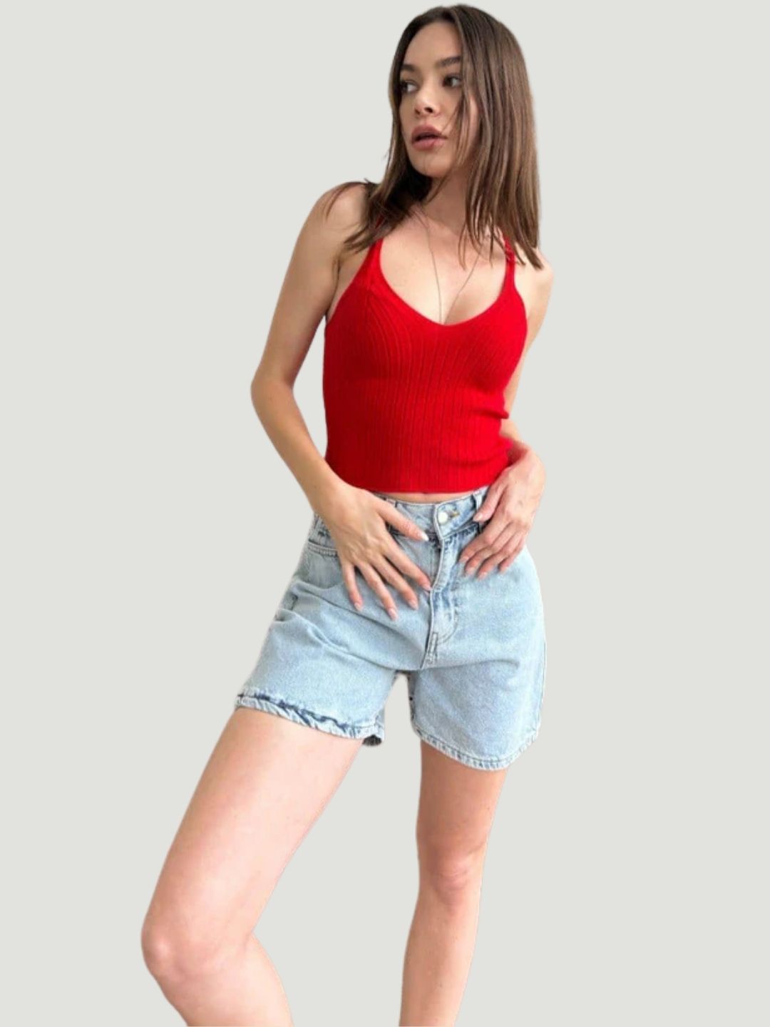 Red Ribbed Super-Stretch Polyester Crop Top