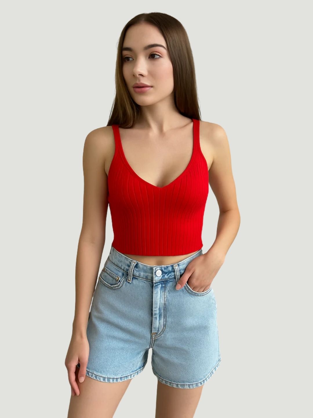 Red Ribbed Super-Stretch Polyester Crop Top