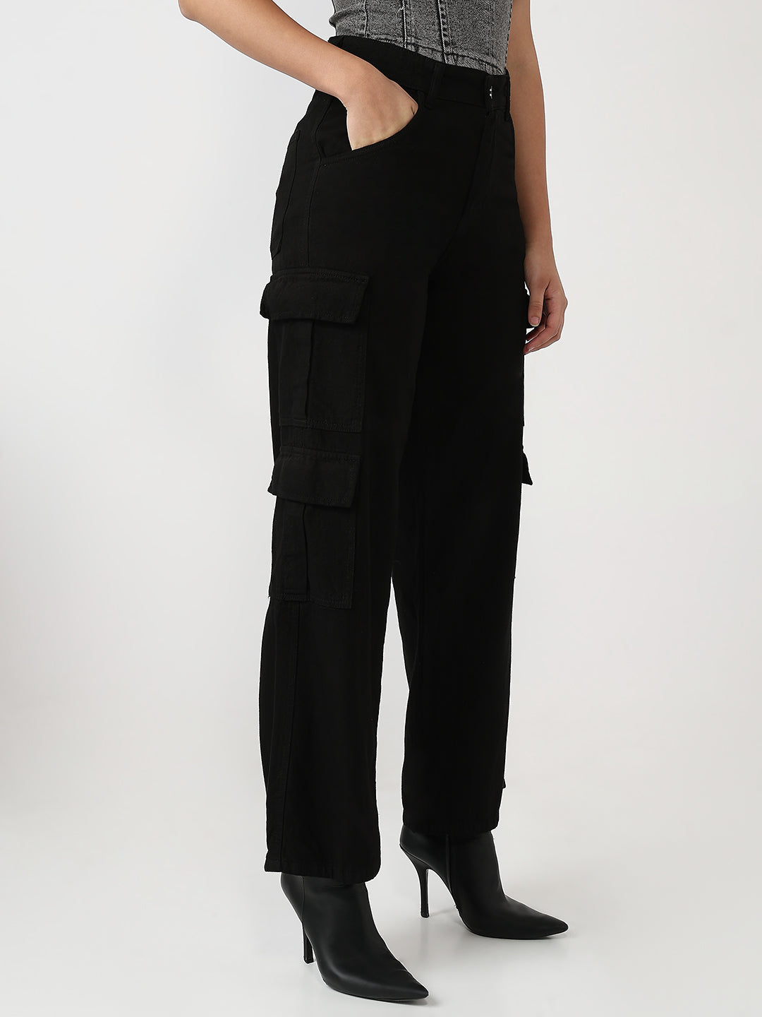 Black Multipocketed wide leg cargo