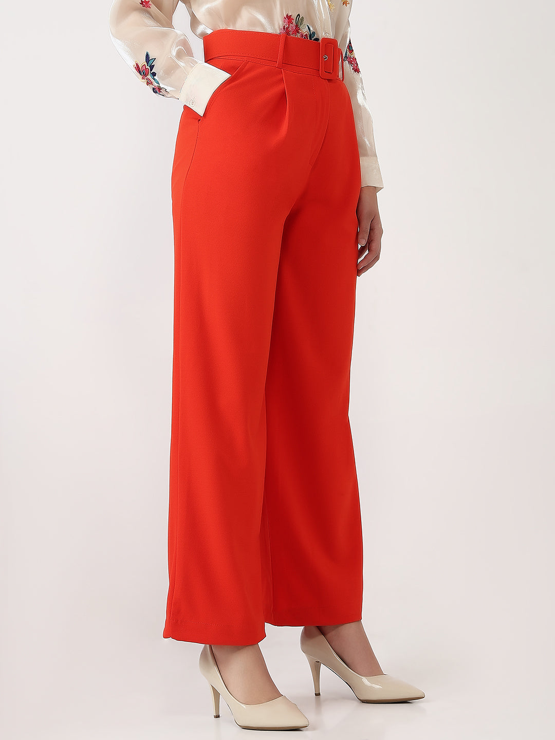 Red Wide-Leg High-Waisted Cotton Pants