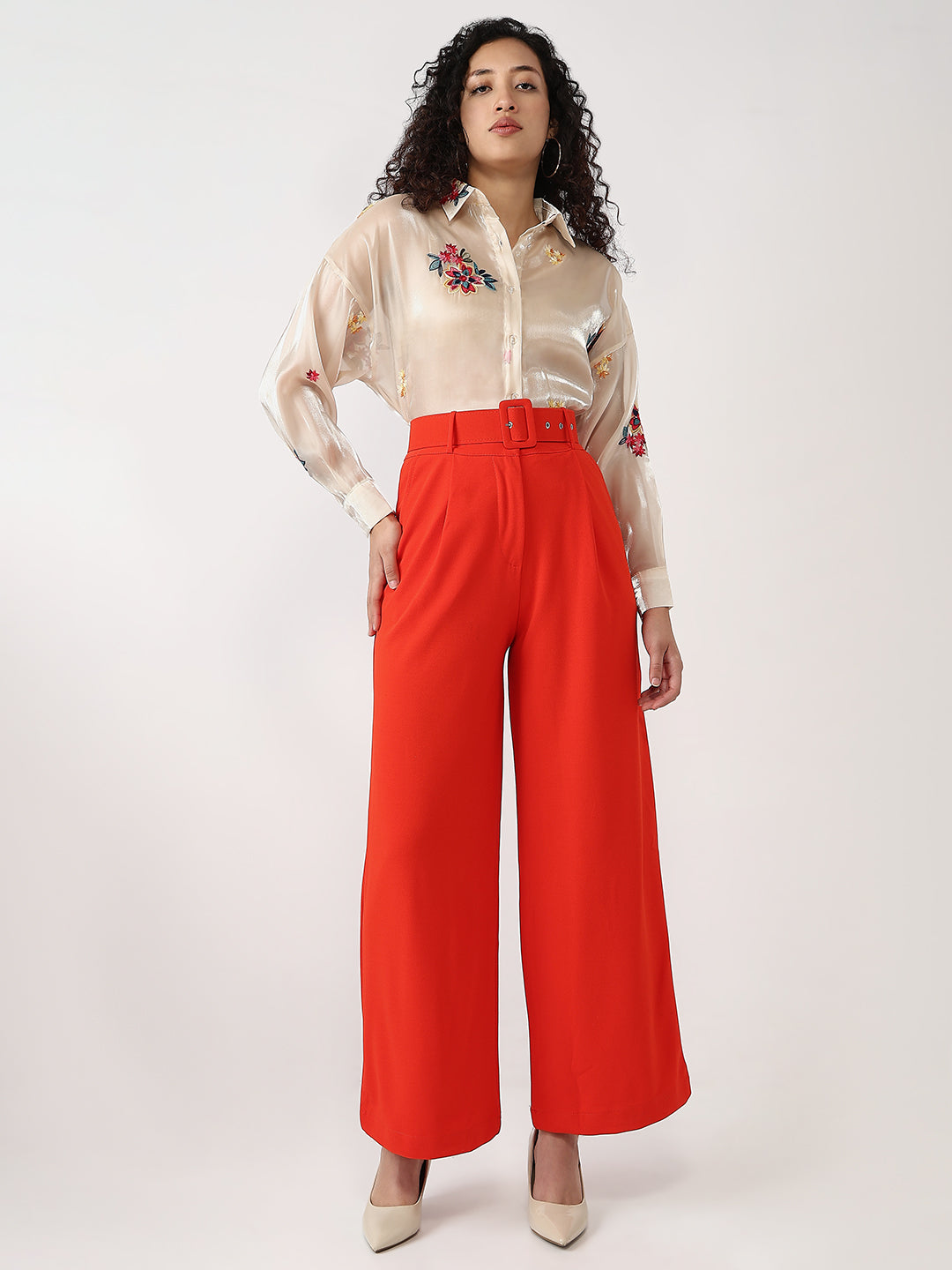 Red Wide-Leg High-Waisted Cotton Pants