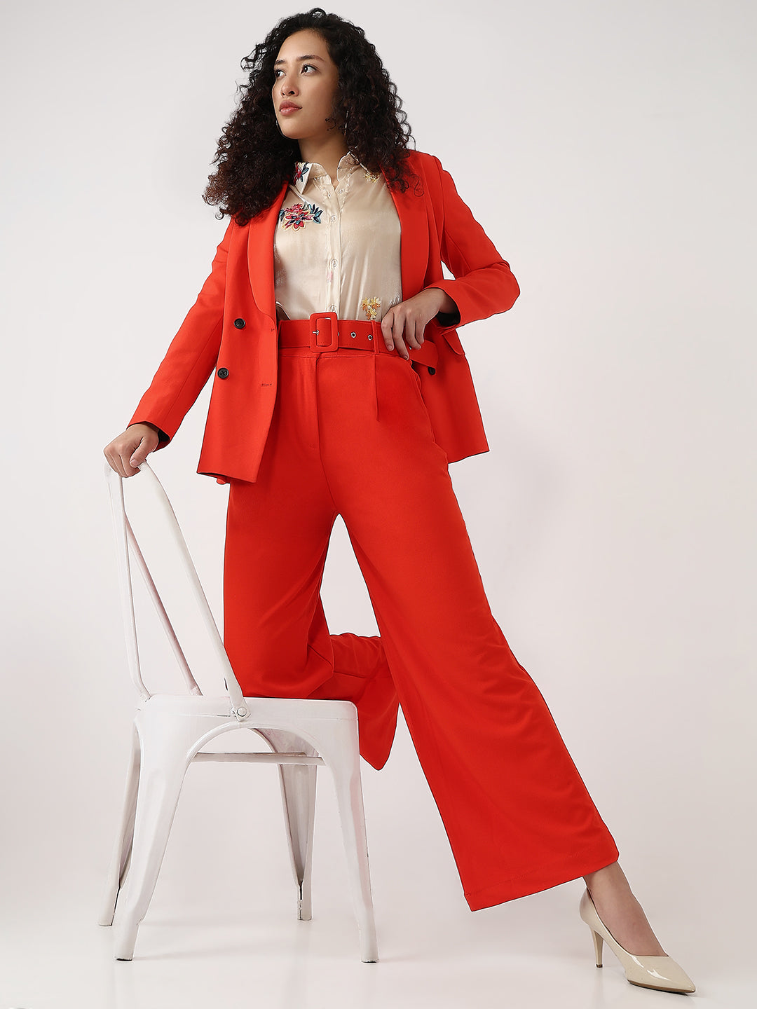 Red Wide-Leg High-Waisted Cotton Pants