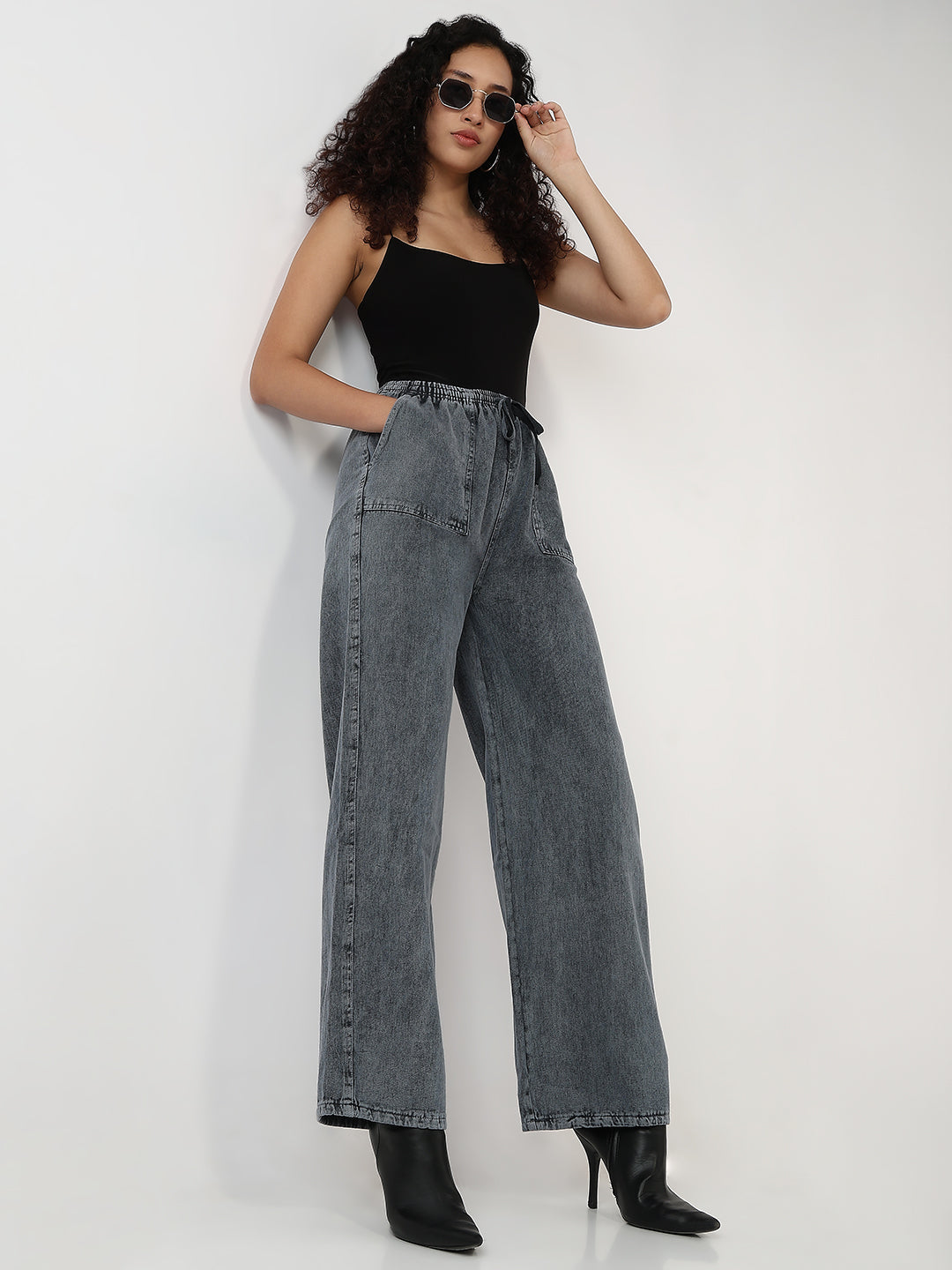 Washed Grey Cotton Jogger-Style Jeans