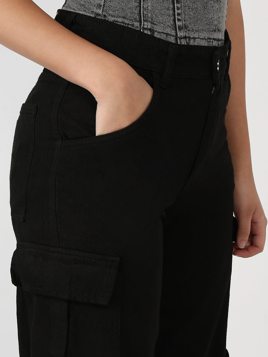 Black Multipocketed wide leg cargo