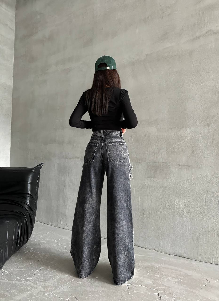 Distressed Wide-Leg High-Waist Cotton Black Jeans