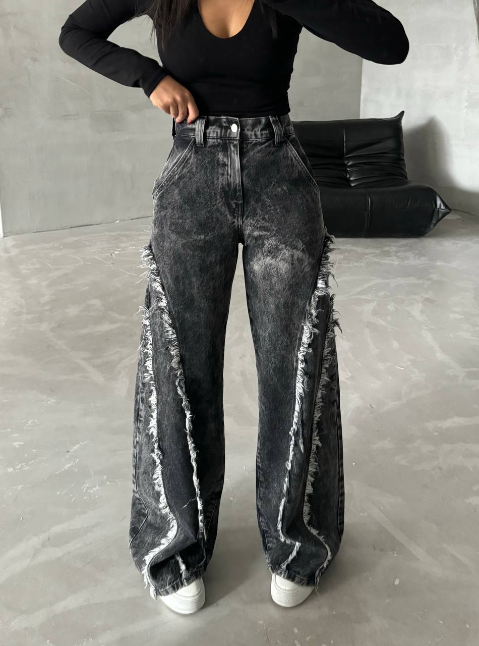 Distressed Wide-Leg High-Waist Cotton Black Jeans