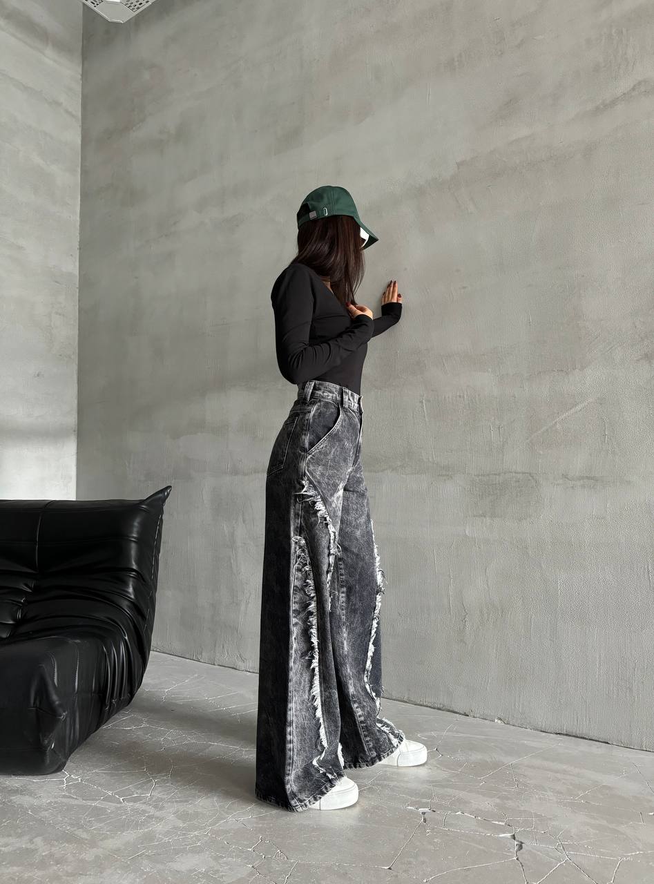 Distressed Wide-Leg High-Waist Cotton Black Jeans