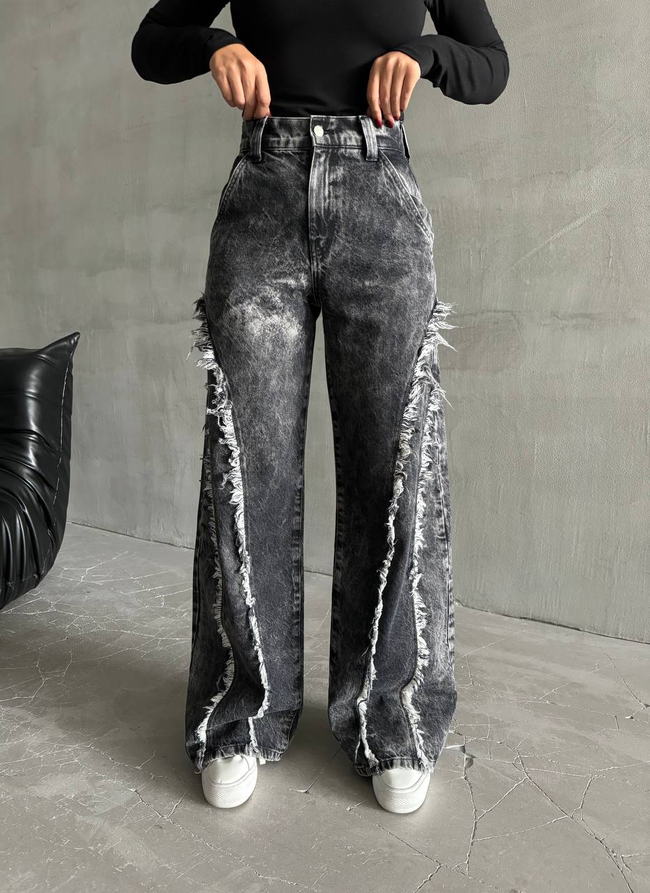 Distressed Wide-Leg High-Waist Cotton Black Jeans