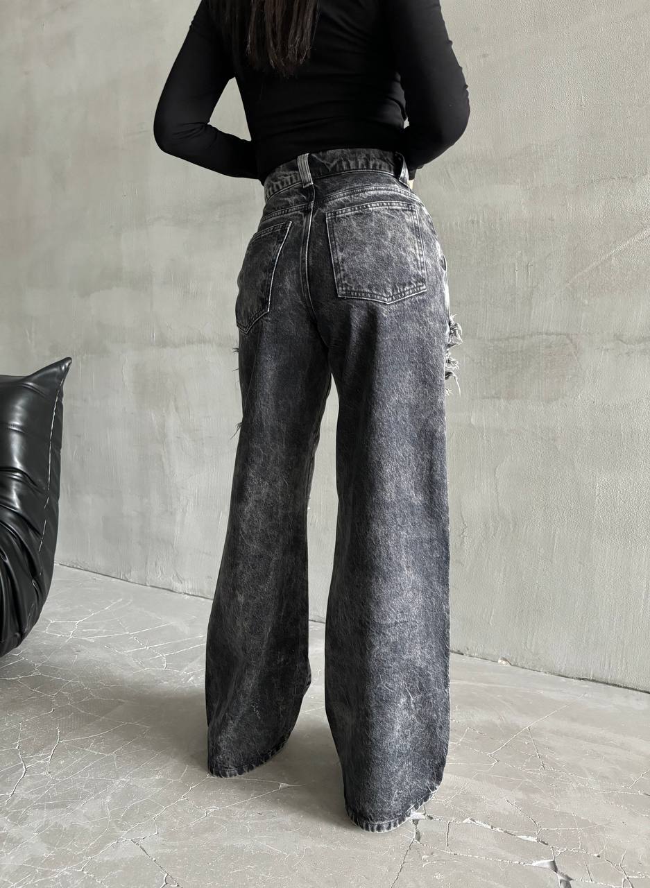 Distressed Wide-Leg High-Waist Cotton Black Jeans