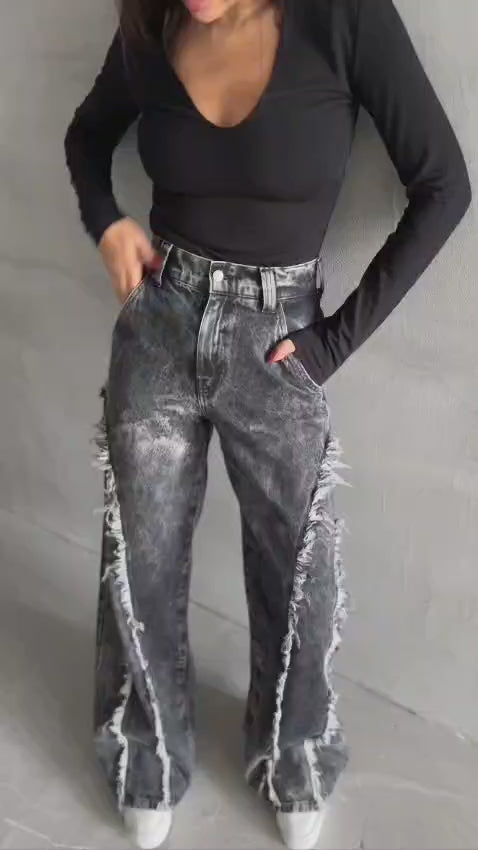 Distressed Wide-Leg High-Waist Cotton Black Jeans