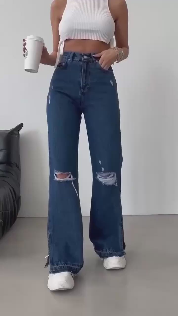 BLUE NOIR DISTRESSED SPLIT HEM JEANS