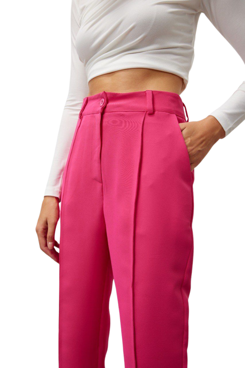 Bold and vibrant hot pink polyester trousers. Tailored for a flattering high-rise fit
