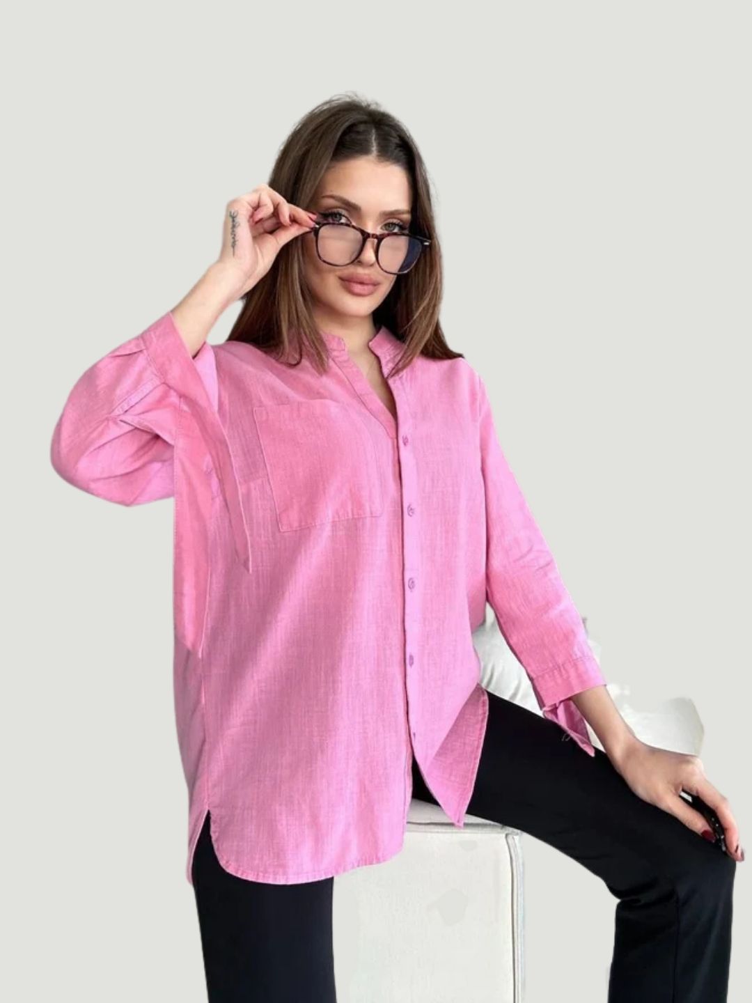 Pink Relaxed-Fit Cotton Shirt with Tie-Sleeve Detail