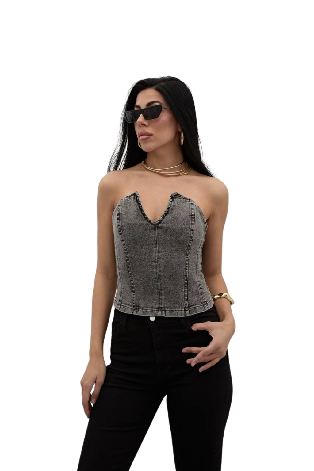 Grey Washed Cotton Corset Top with Sweetheart Neckline