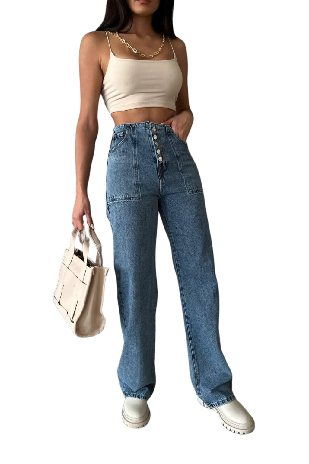 High-Waisted Wide-Leg Denim Jeans with Button Fly