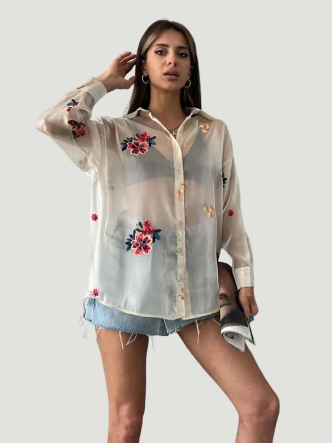 Sheer Oversized Transparent Polyester Shirt with Hand Embroidery