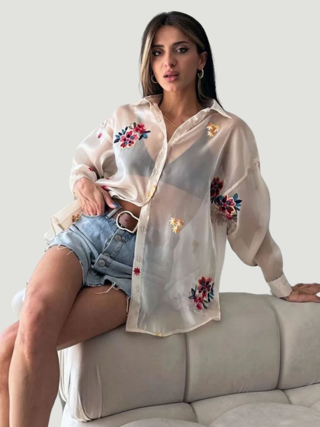 Sheer Oversized Transparent Polyester Shirt with Hand Embroidery
