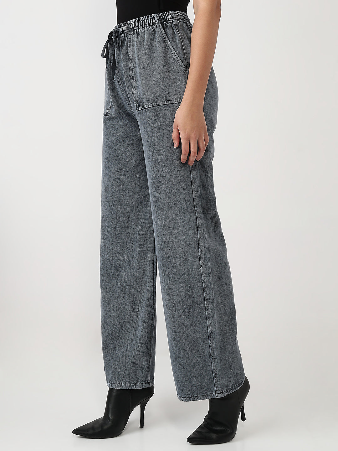 Washed Grey Cotton Jogger-Style Jeans