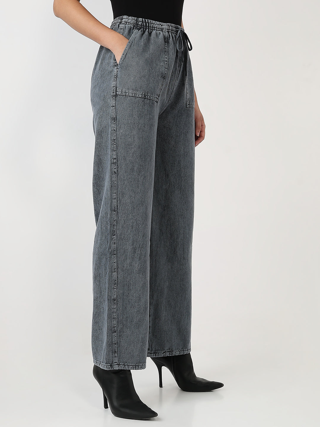 Washed Grey Cotton Jogger-Style Jeans