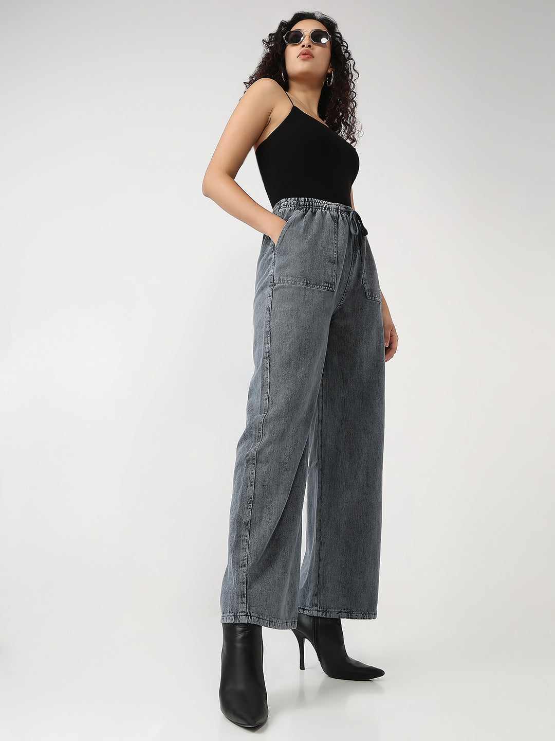 Washed Grey Cotton Jogger-Style Jeans