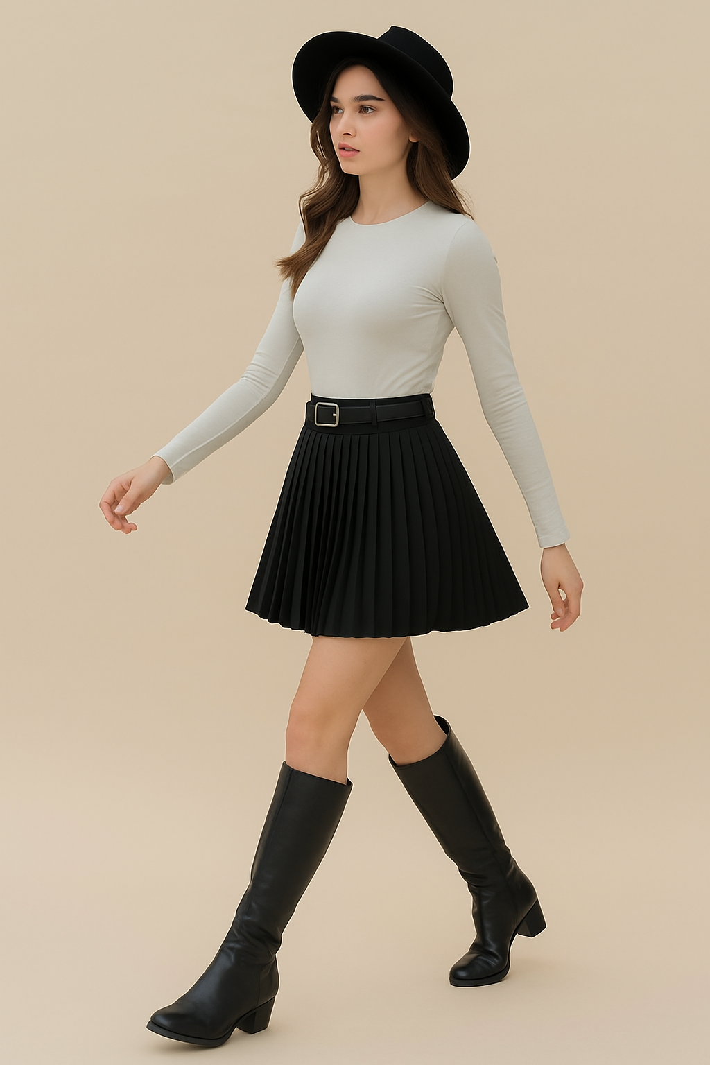 Black Pleated Polyester-Viscose Skirt with Belt