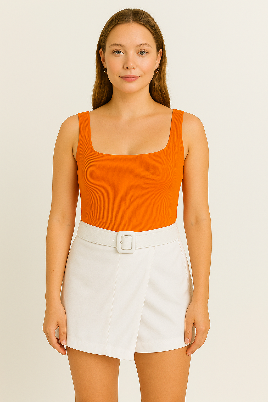 White High-Waisted Belted Skort in Polyester-Viscose Blend