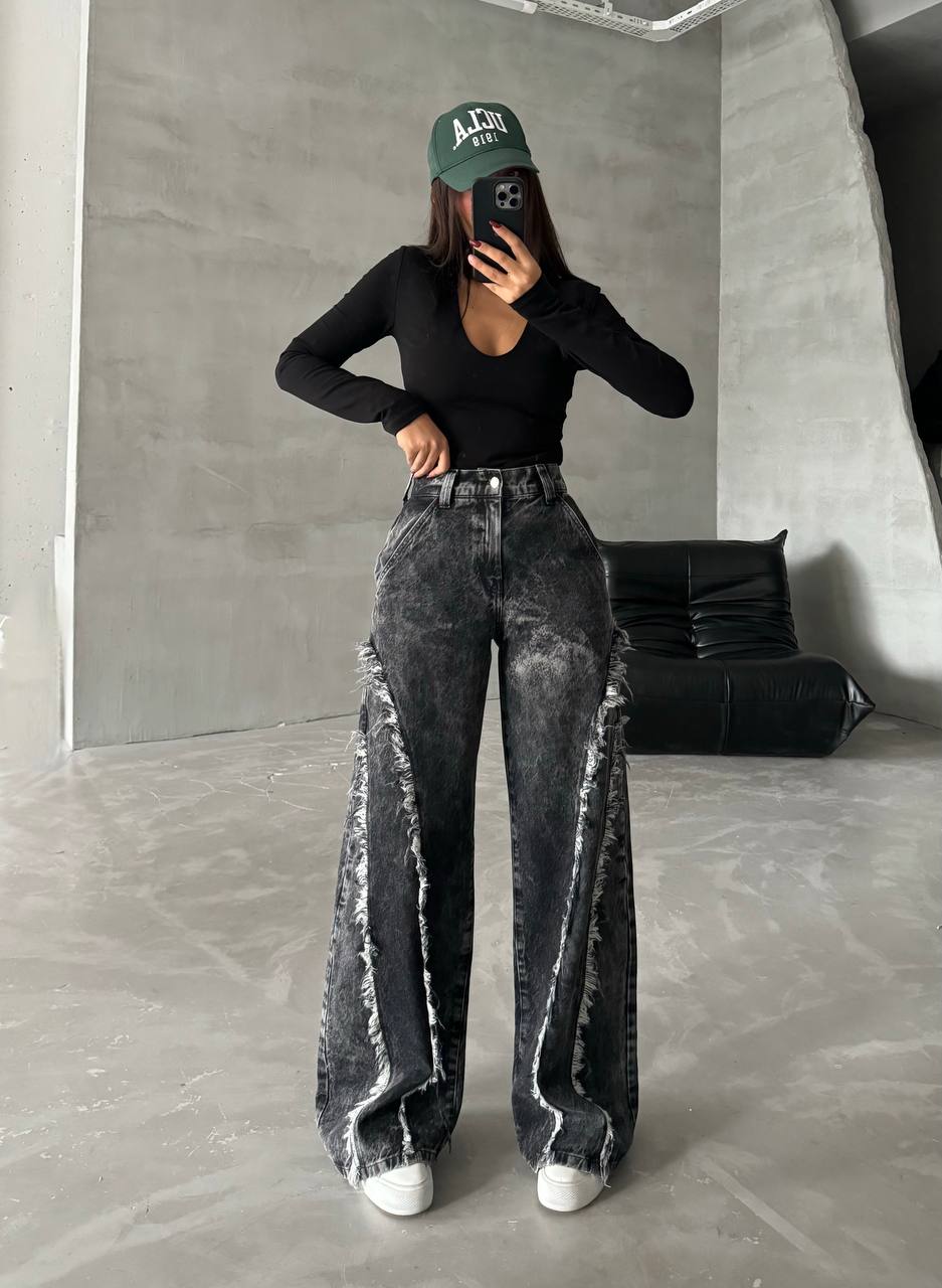 Distressed Wide-Leg High-Waist Cotton Jeans