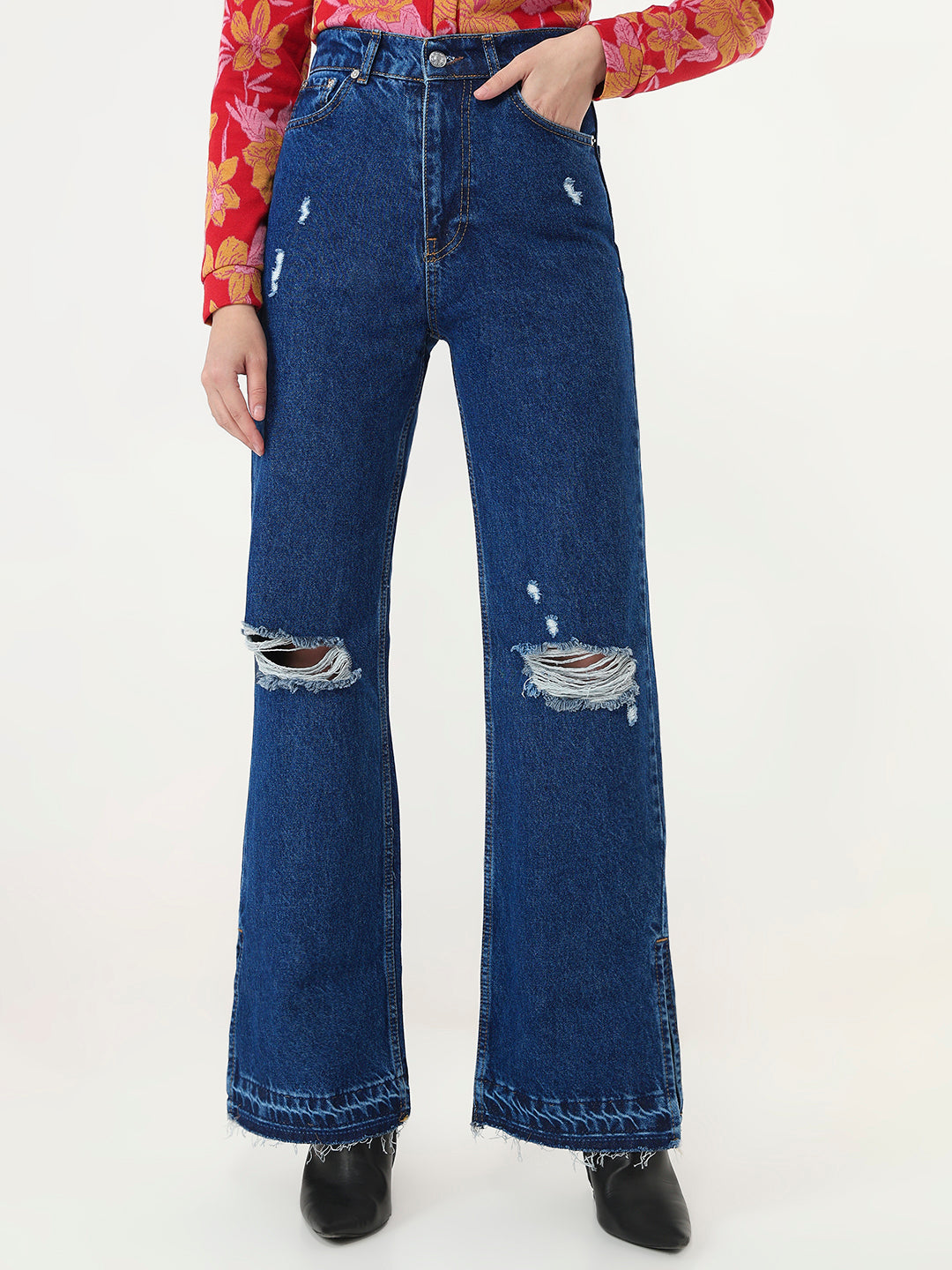 BLUE NOIR DISTRESSED SPLIT HEM JEANS