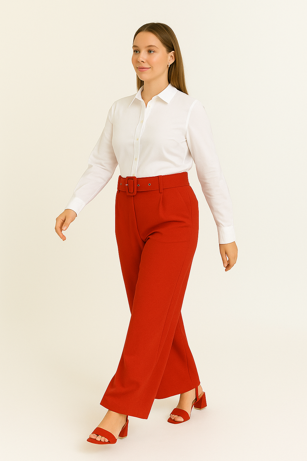 Red Wide-Leg High-Waisted Cotton Pants