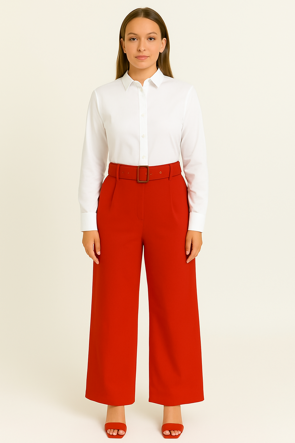 Red Wide-Leg High-Waisted Cotton Pants