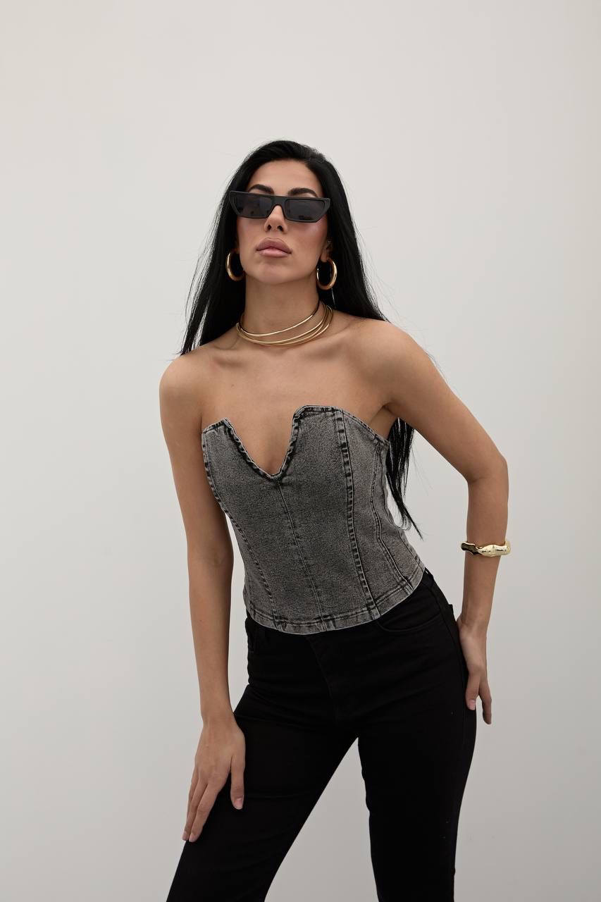 Grey Washed Cotton Corset Top with Sweetheart Neckline