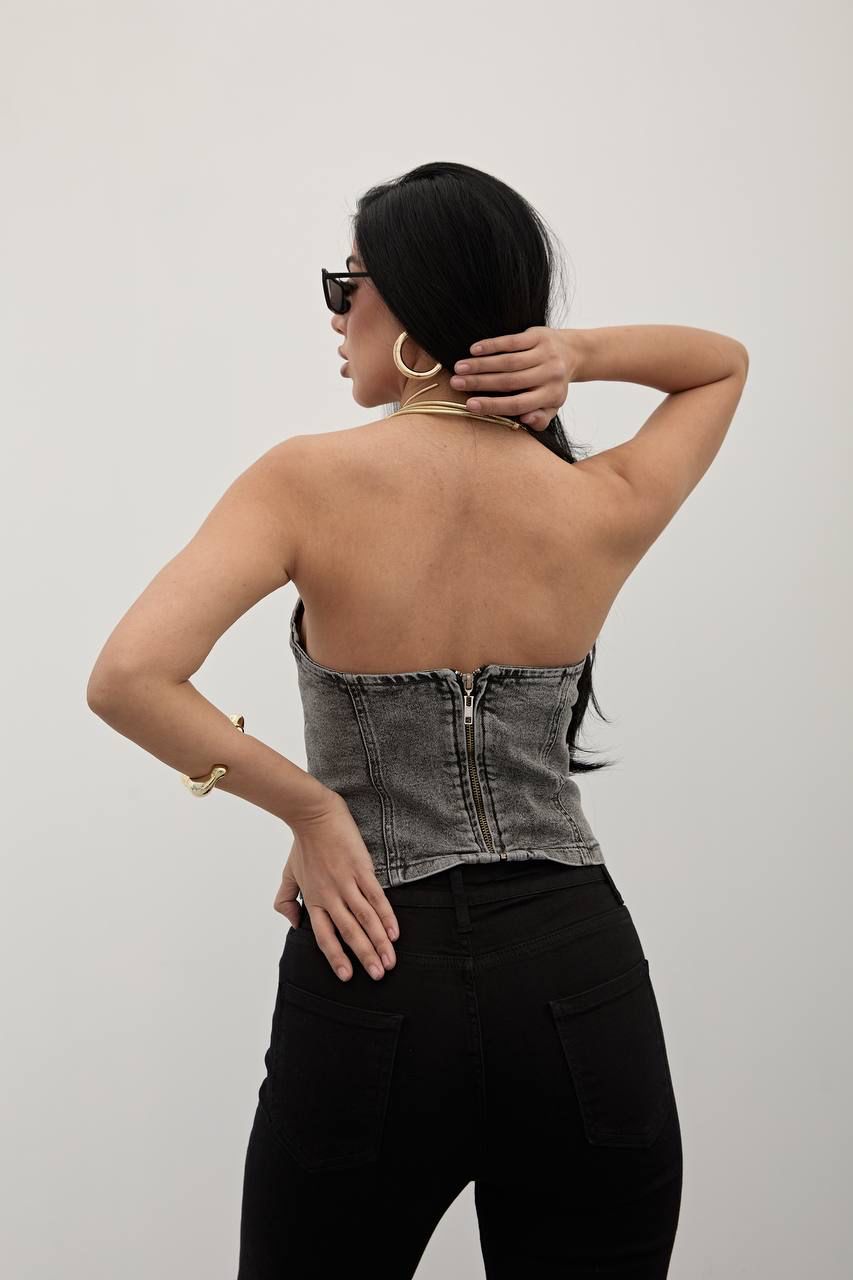 Grey Washed Cotton Corset Top with Sweetheart Neckline