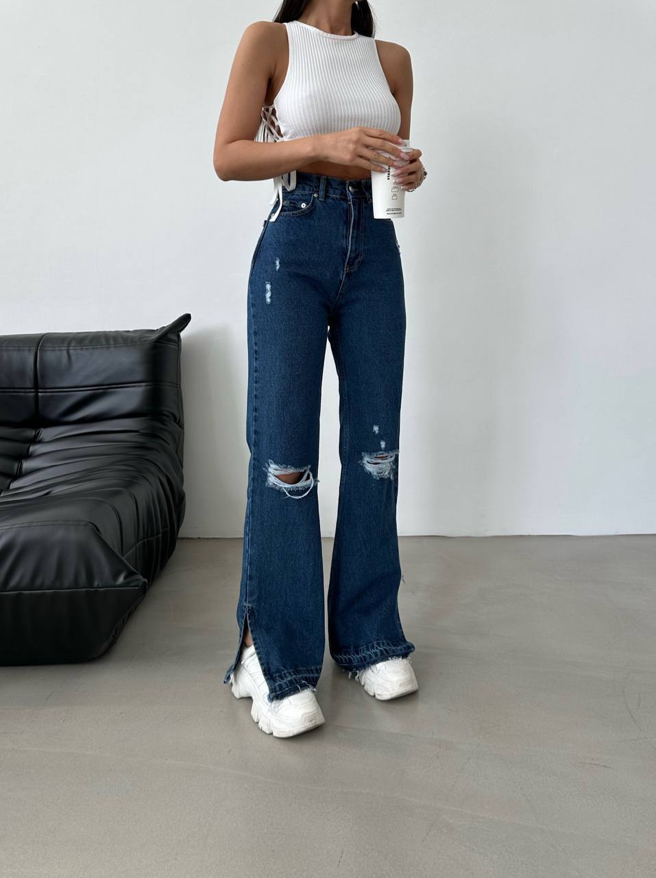 BLUE NOIR DISTRESSED SPLIT HEM JEANS