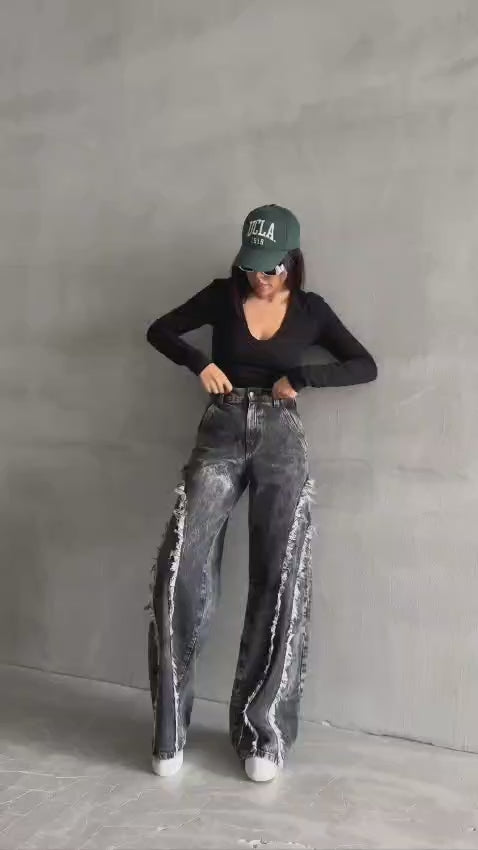 Distressed Wide-Leg High-Waist Cotton Jeans