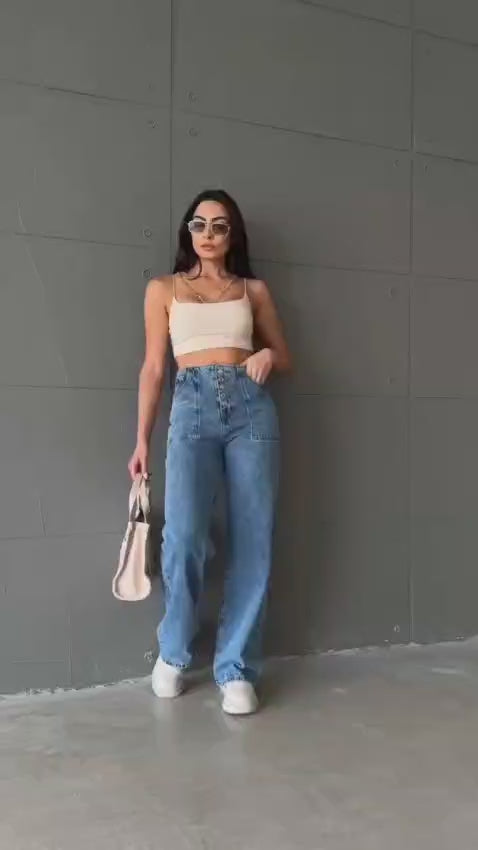 High-Waisted Wide-Leg Denim Jeans with Button Fly